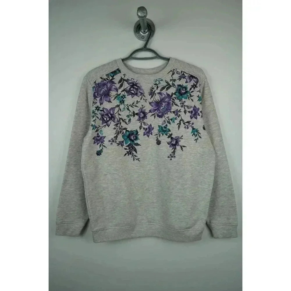 Vintage Sweater Gray 90s Floral Art Women's Medium #662